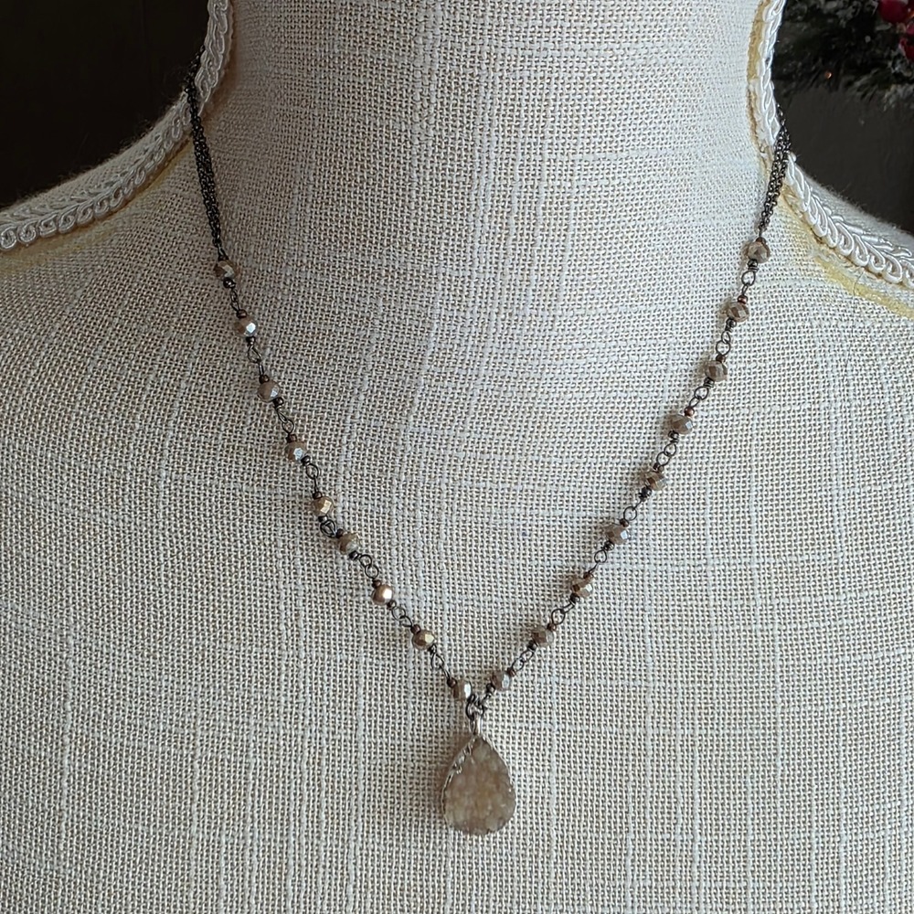 Boho Teardrop Druzy Stone Pendant Necklace Dainty Beaded Chain Layering Jewelry